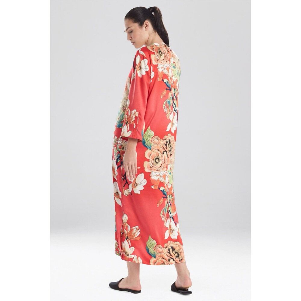 Natori Enchanted Lotus Satin Zip Caftan Women Plus 2X Boho Resort Art To Wear - Picture 2 of 16